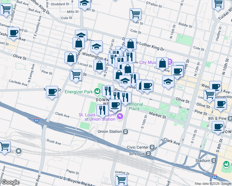 map of restaurants, bars, coffee shops, grocery stores, and more near 1910 Pine Street in St. Louis