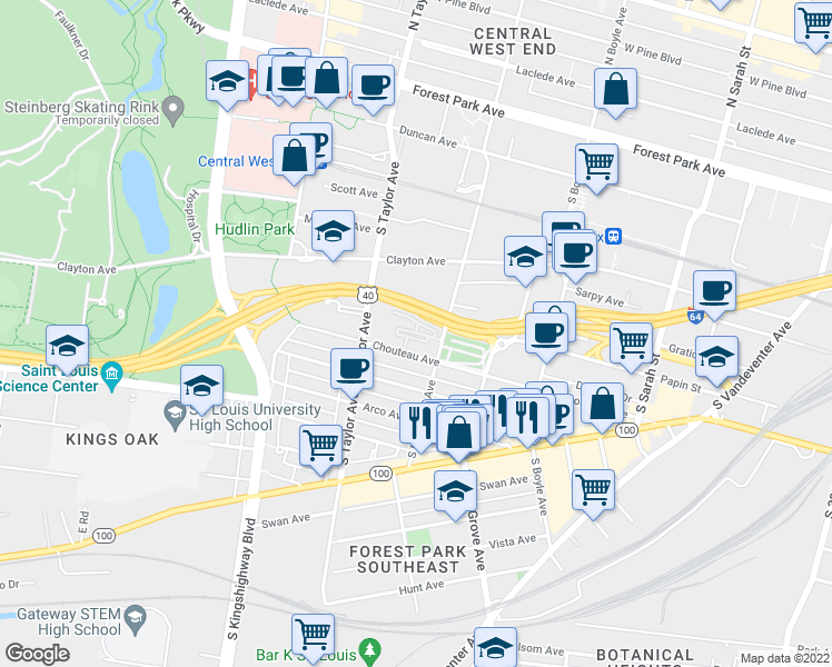 map of restaurants, bars, coffee shops, grocery stores, and more near 4404 Papin Street in St. Louis