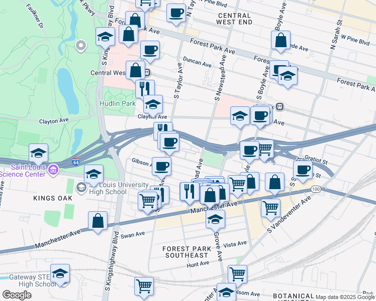map of restaurants, bars, coffee shops, grocery stores, and more near 4441 Chouteau Avenue in St. Louis