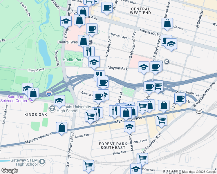 map of restaurants, bars, coffee shops, grocery stores, and more near 4431 Chouteau Avenue in St. Louis