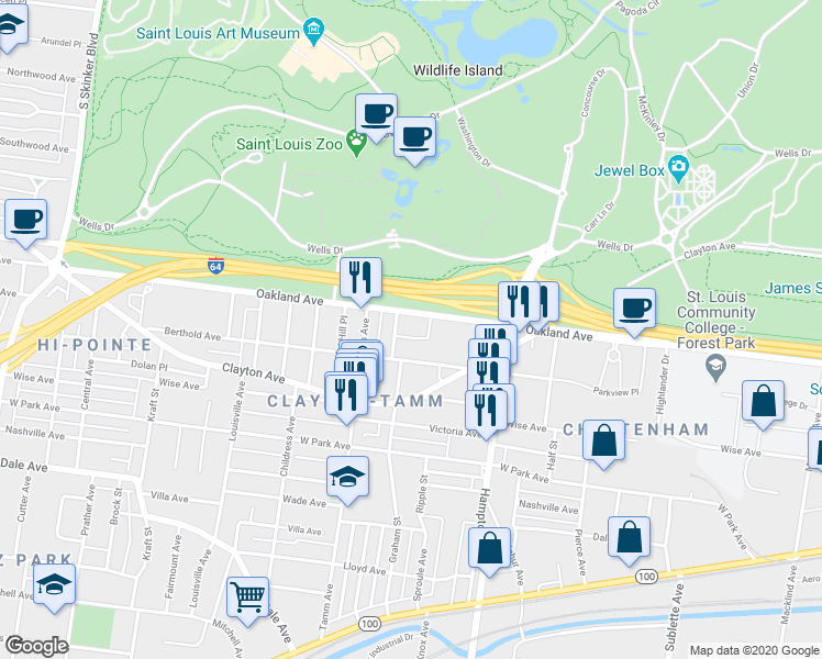 map of restaurants, bars, coffee shops, grocery stores, and more near 6244 Oakland Avenue in St. Louis