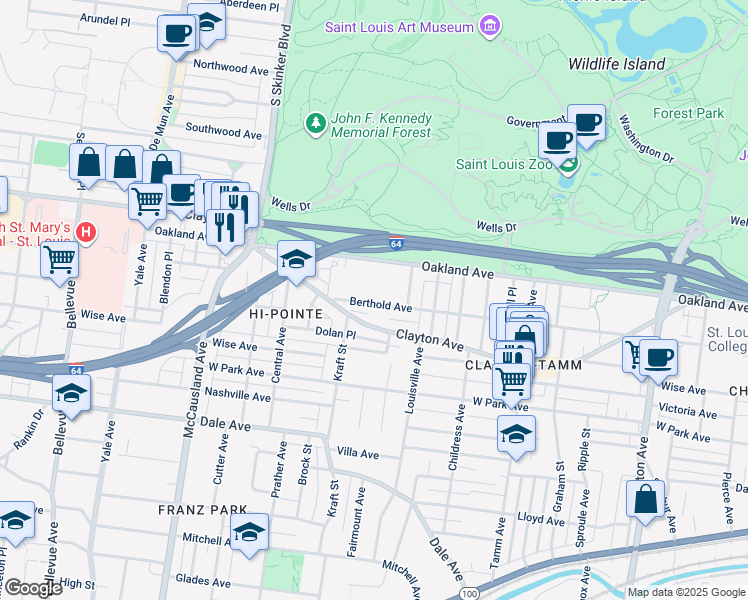 map of restaurants, bars, coffee shops, grocery stores, and more near 6661 Berthold Avenue in St. Louis