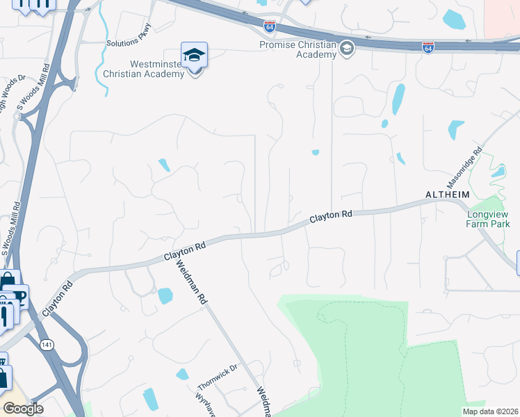 map of restaurants, bars, coffee shops, grocery stores, and more near 13777 Clayton Road in Chesterfield