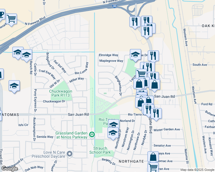 map of restaurants, bars, coffee shops, grocery stores, and more near 3441 Rancho Rio Way in Sacramento