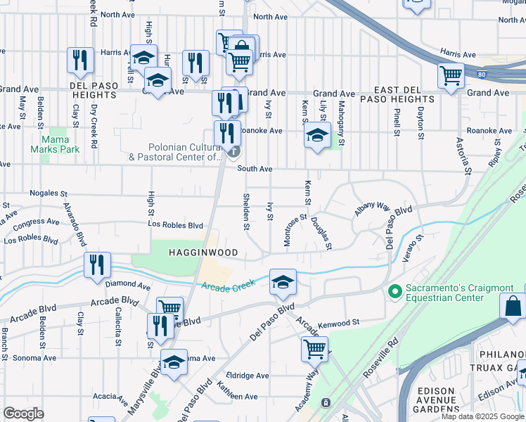 map of restaurants, bars, coffee shops, grocery stores, and more near 1666 Rosalind Street in Sacramento