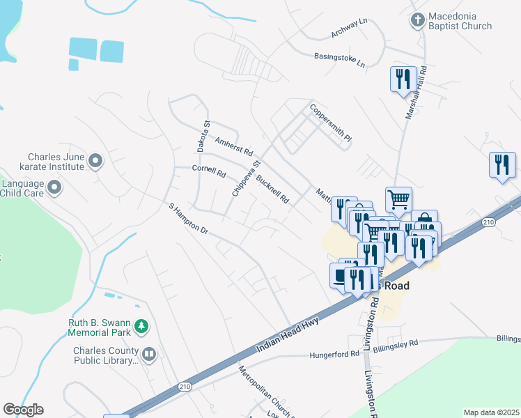 map of restaurants, bars, coffee shops, grocery stores, and more near 2528 Bolinbrook Court in Bryans Road