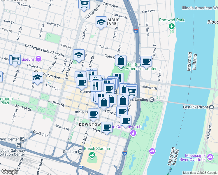 map of restaurants, bars, coffee shops, grocery stores, and more near 601 North 7th Street in St. Louis