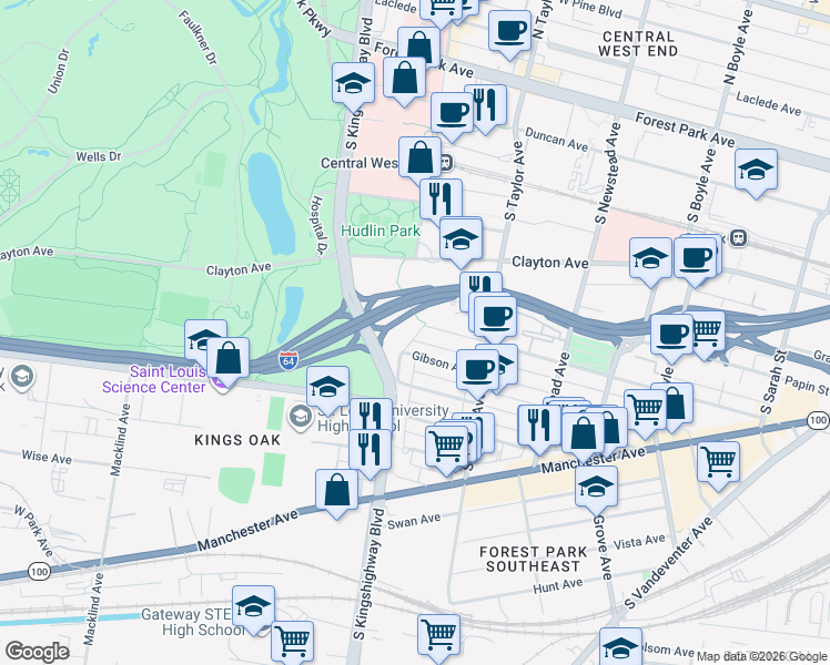 map of restaurants, bars, coffee shops, grocery stores, and more near 4574 Chouteau Avenue in St. Louis