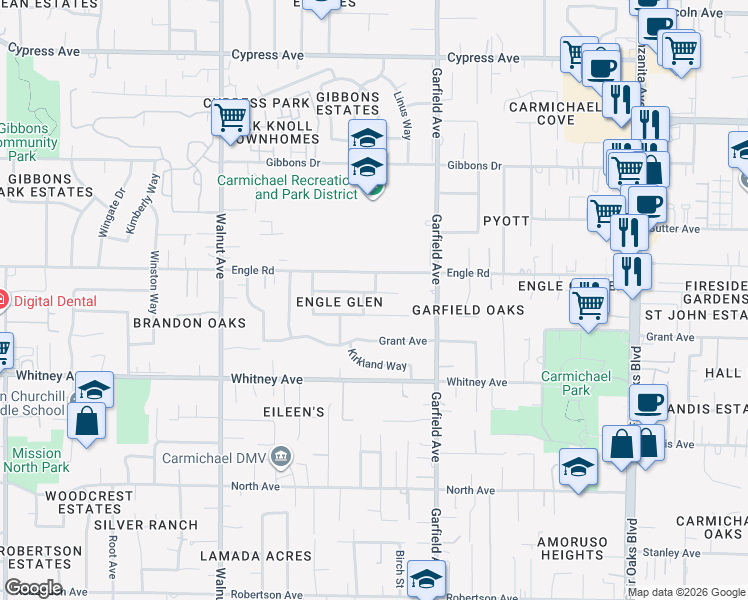 map of restaurants, bars, coffee shops, grocery stores, and more near 5342 Nyoda Way in Carmichael
