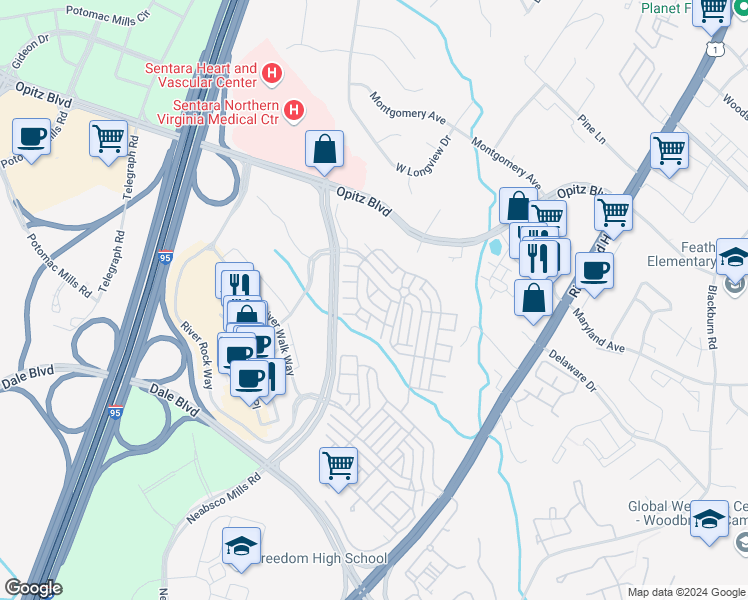 map of restaurants, bars, coffee shops, grocery stores, and more near 2203 Highbourne Drive in Woodbridge