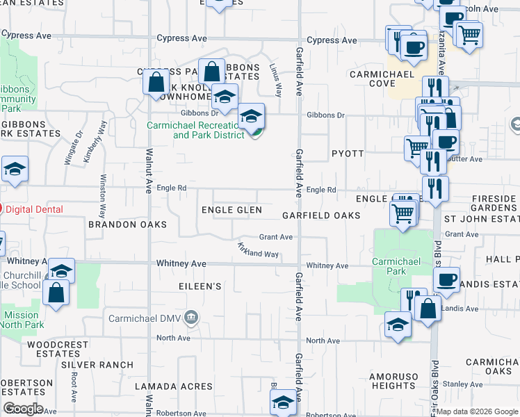 map of restaurants, bars, coffee shops, grocery stores, and more near 5342 Nyoda Way in Carmichael