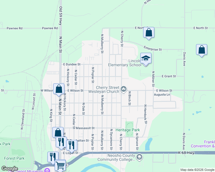 map of restaurants, bars, coffee shops, grocery stores, and more near 1012 North Sycamore Street in Ottawa