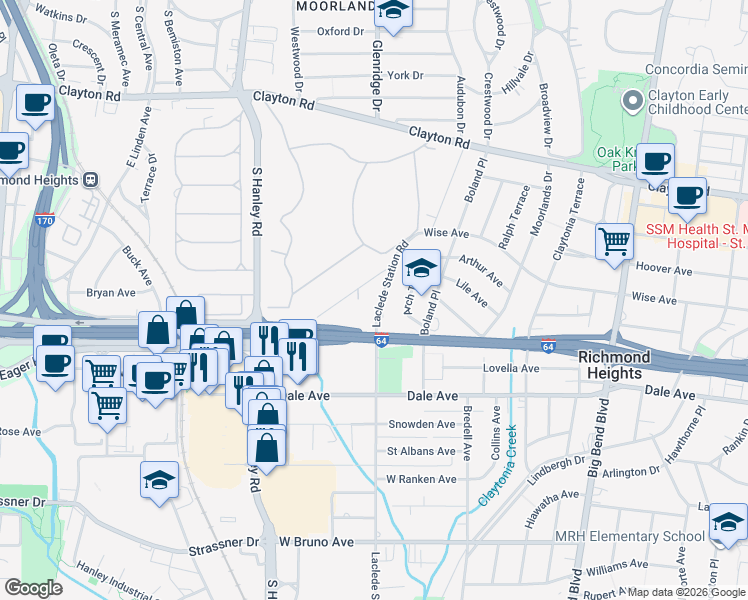 map of restaurants, bars, coffee shops, grocery stores, and more near 1235 Laclede Station Road in St. Louis