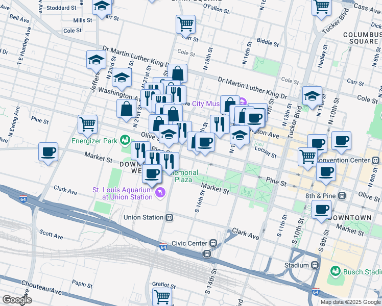 map of restaurants, bars, coffee shops, grocery stores, and more near 210 North 17th Street in St. Louis
