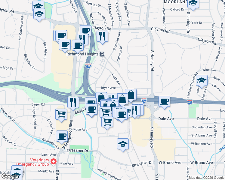 map of restaurants, bars, coffee shops, grocery stores, and more near 8520 Bryan Avenue in Richmond Heights