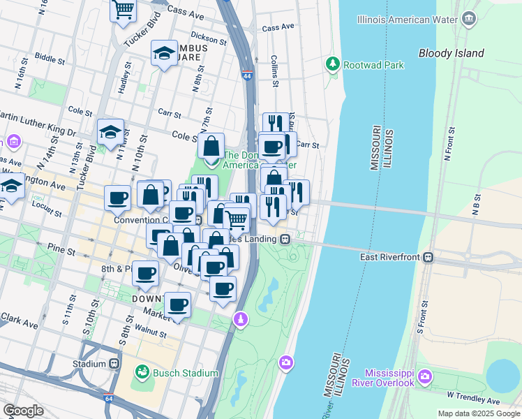 map of restaurants, bars, coffee shops, grocery stores, and more near 718 Memorial Drive in St. Louis