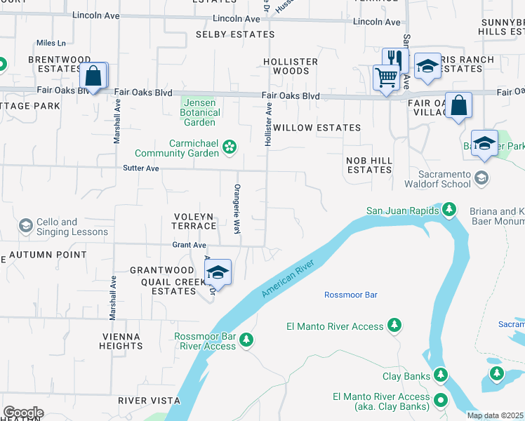 map of restaurants, bars, coffee shops, grocery stores, and more near 3647 Hollister Avenue in Carmichael