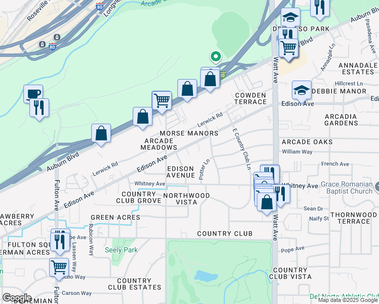 map of restaurants, bars, coffee shops, grocery stores, and more near 3142 Edison Avenue in Sacramento