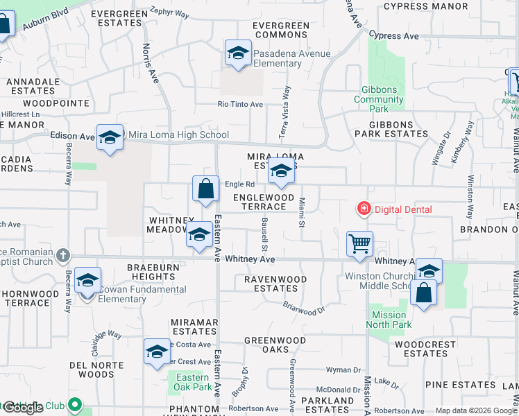 map of restaurants, bars, coffee shops, grocery stores, and more near 3631 Bausell Street in Sacramento