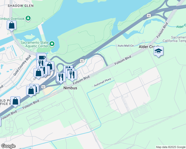 map of restaurants, bars, coffee shops, grocery stores, and more near 12499 Folsom Boulevard in Rancho Cordova