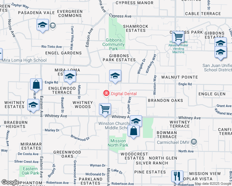 map of restaurants, bars, coffee shops, grocery stores, and more near 3630 Mission Avenue in Carmichael