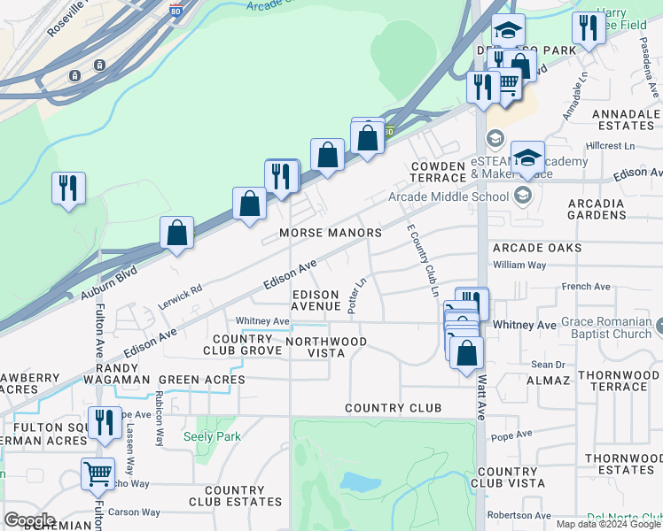 map of restaurants, bars, coffee shops, grocery stores, and more near 3138 Edison Avenue in Sacramento