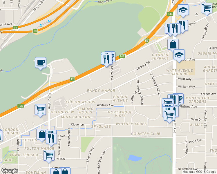 map of restaurants, bars, coffee shops, grocery stores, and more near 3600 Morse Avenue in Sacramento