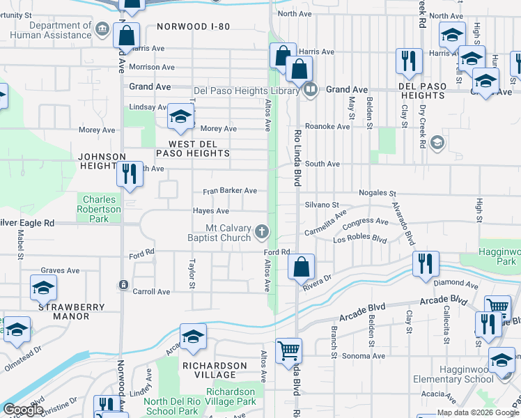 map of restaurants, bars, coffee shops, grocery stores, and more near 751 Hayes Avenue in Sacramento