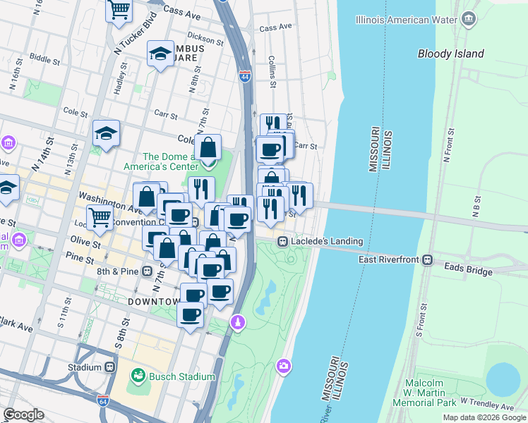 map of restaurants, bars, coffee shops, grocery stores, and more near 801 North 2nd Street in St. Louis