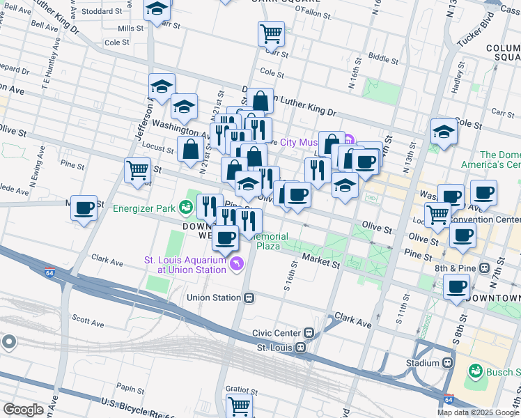 map of restaurants, bars, coffee shops, grocery stores, and more near 1722 Olive Street in St. Louis