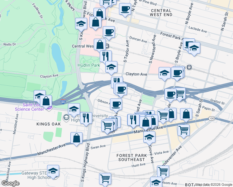 map of restaurants, bars, coffee shops, grocery stores, and more near 4501 Chouteau Avenue in St. Louis