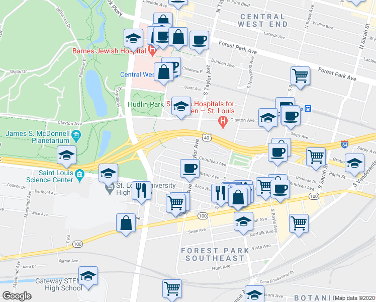 map of restaurants, bars, coffee shops, grocery stores, and more near 4501 Chouteau Avenue in St. Louis