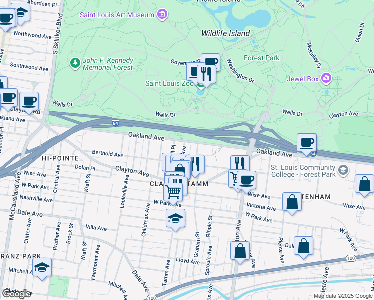 map of restaurants, bars, coffee shops, grocery stores, and more near 1008 Tamm Avenue in St. Louis