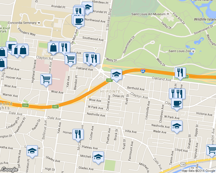 map of restaurants, bars, coffee shops, grocery stores, and more near in St. Louis