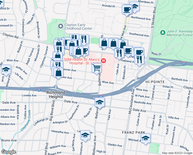 map of restaurants, bars, coffee shops, grocery stores, and more near 7333 Wise Avenue in Richmond Heights