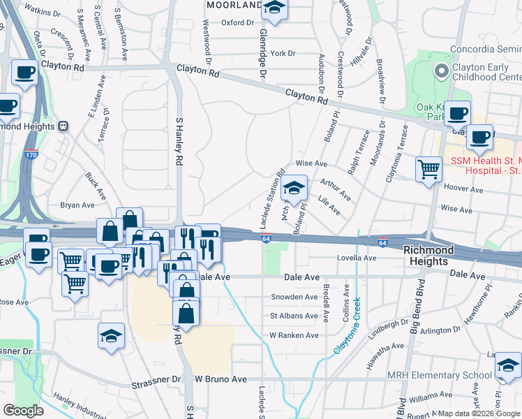map of restaurants, bars, coffee shops, grocery stores, and more near 1235 Laclede Station Road in St. Louis