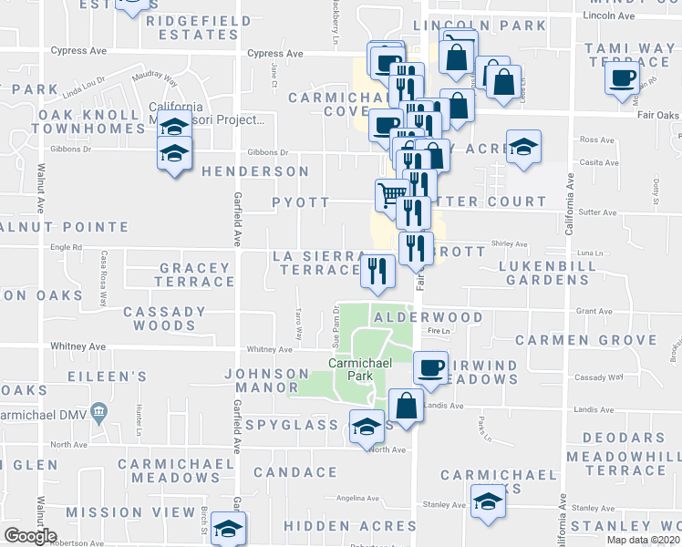 map of restaurants, bars, coffee shops, grocery stores, and more near 3607 Sareco Court in Carmichael