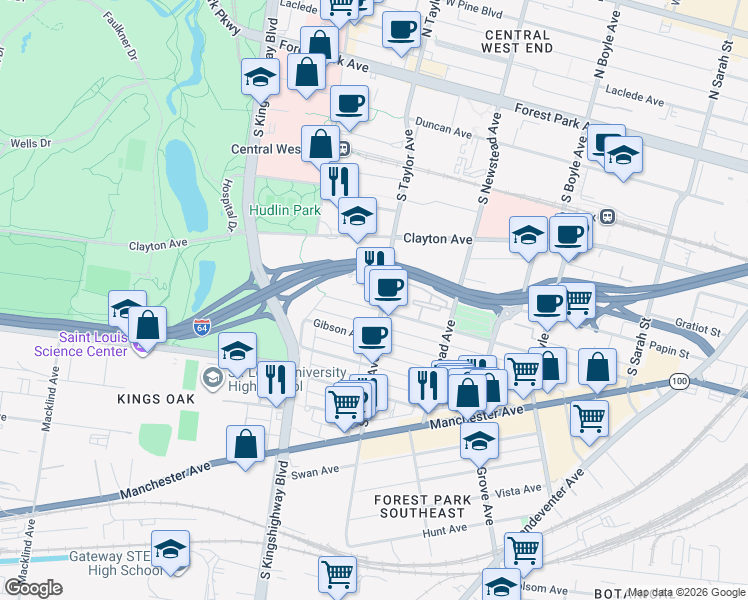map of restaurants, bars, coffee shops, grocery stores, and more near 4501 Chouteau Avenue in St. Louis
