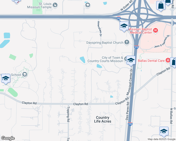 map of restaurants, bars, coffee shops, grocery stores, and more near 2554 Oak Springs Lane in St. Louis