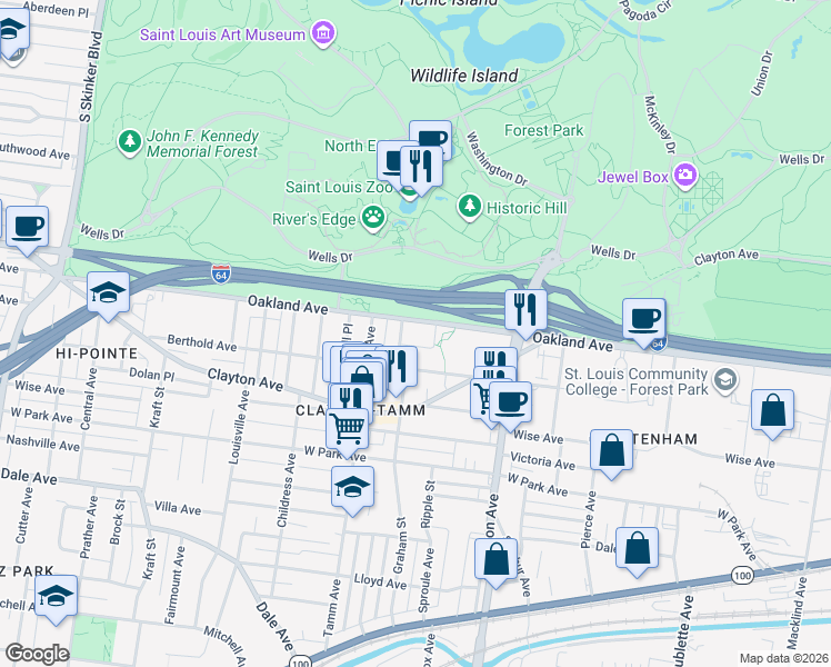 map of restaurants, bars, coffee shops, grocery stores, and more near 6226 Oakland Avenue in St. Louis
