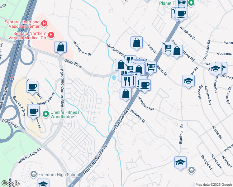 map of restaurants, bars, coffee shops, grocery stores, and more near 14834 Mason Creek Circle in Woodbridge