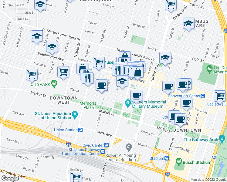map of restaurants, bars, coffee shops, grocery stores, and more near 1527 Olive Street in St. Louis