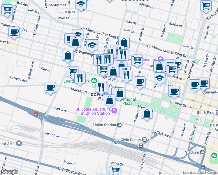map of restaurants, bars, coffee shops, grocery stores, and more near 1910 Pine St in St Louis