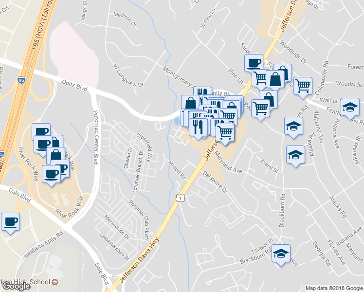 map of restaurants, bars, coffee shops, grocery stores, and more near 14834 Mason Creek Circle in Woodbridge