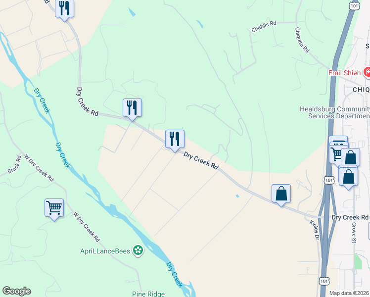 map of restaurants, bars, coffee shops, grocery stores, and more near 995 Dry Creek Road in Healdsburg
