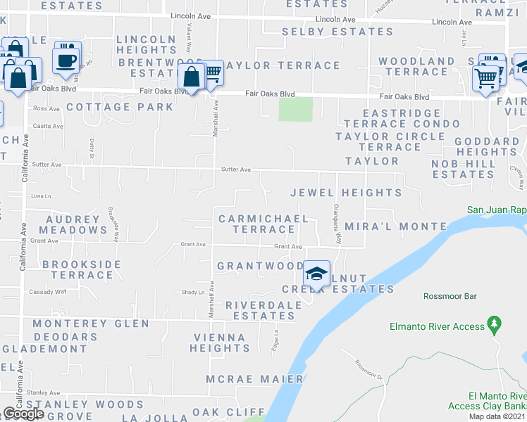 map of restaurants, bars, coffee shops, grocery stores, and more near 3632 Waynart Court in Carmichael