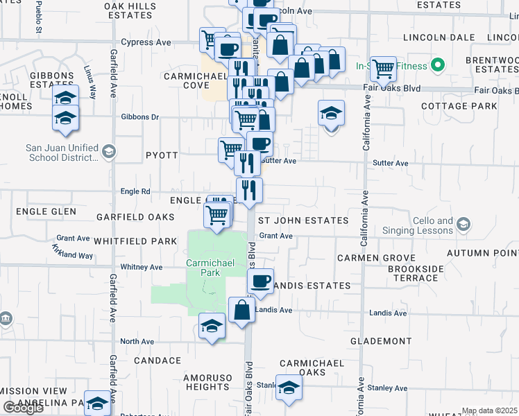 map of restaurants, bars, coffee shops, grocery stores, and more near 7144 Fair Oaks Boulevard in Carmichael