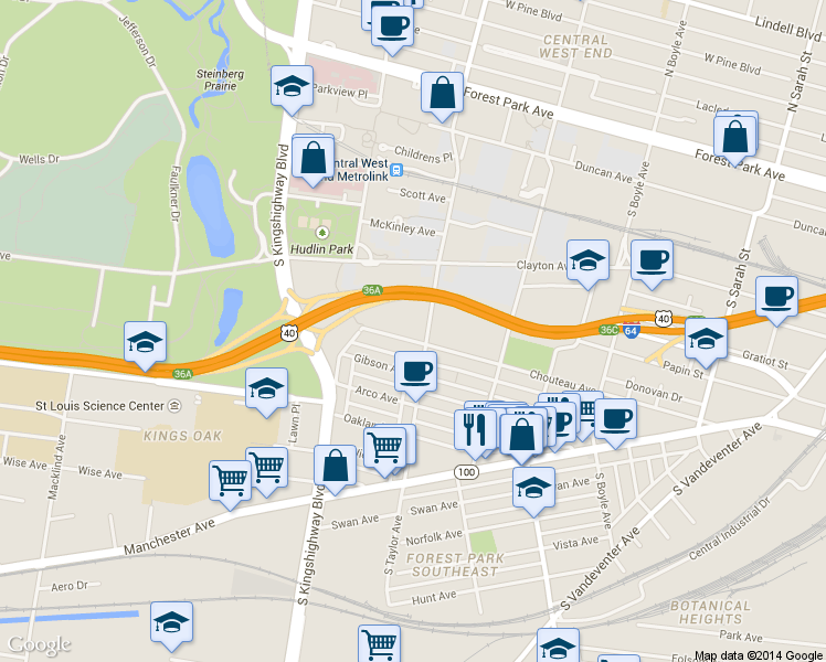map of restaurants, bars, coffee shops, grocery stores, and more near 4501 Chouteau Avenue in St. Louis