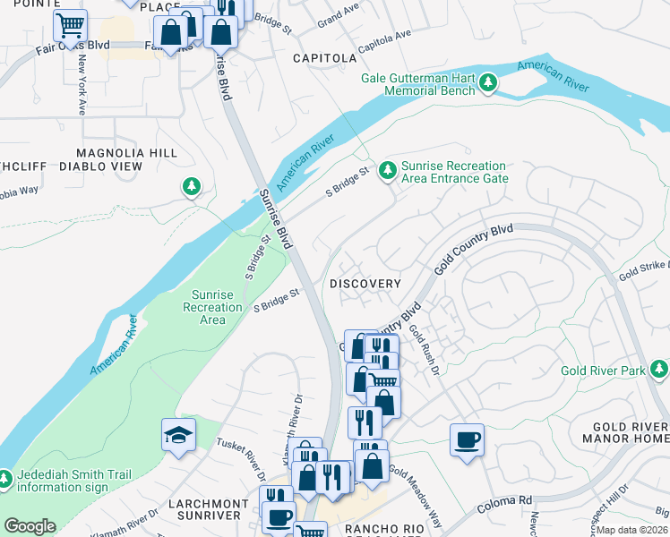 map of restaurants, bars, coffee shops, grocery stores, and more near 1905 Discovery Village Ln in Gold River