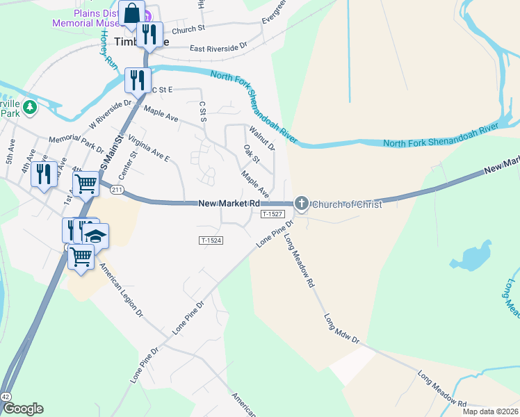 map of restaurants, bars, coffee shops, grocery stores, and more near 369 Sherando Court in Timberville